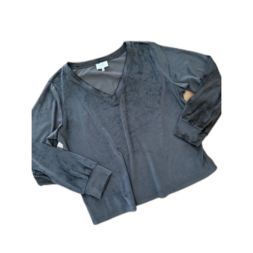 Cozy Black Velour V-Neck Pullover Top Soft Lounge Long Sleeve Relaxed Fit XXL
